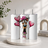 Funny Dog with Pink Hat & Heart Tumbler – Cute Cartoon Valentine Drinkware featuring a surprised dog wearing a pink hat and bow tie with red heart balloons on a white tumbler with a metal straw.
