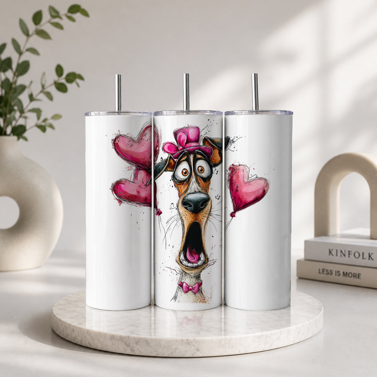 Funny Dog with Pink Hat & Heart Tumbler – Cute Cartoon Valentine Drinkware featuring a surprised dog wearing a pink hat and bow tie with red heart balloons on a white tumbler with a metal straw.