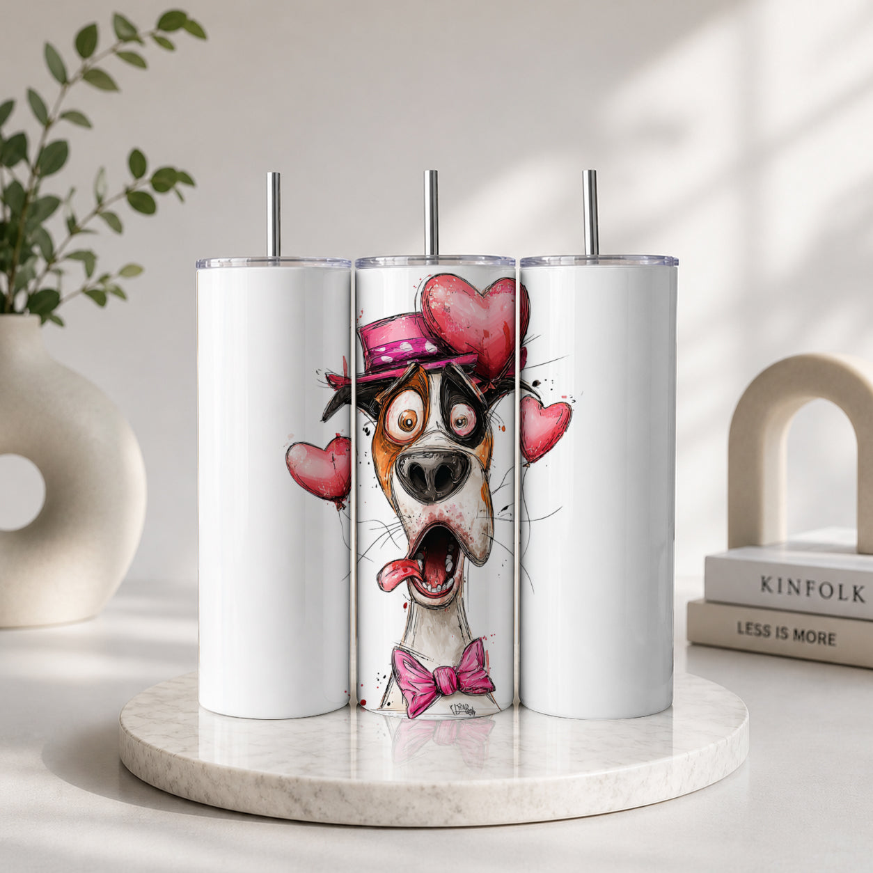 Funny Dog Pink Bow 20oz Skinny Tumbler with Straw – Cute Cartoon Style Drinkware featuring a playful dog wearing a pink bow tie and hat with heart accents on a white tumbler.