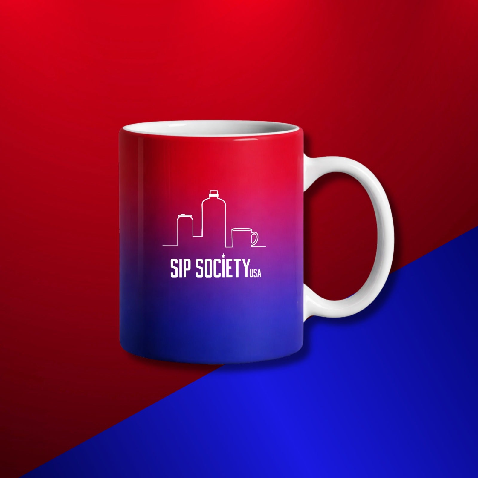 Sip Society USA Coffee Mug – Stylish Red & Blue Gradient Ceramic Mug for Coffee & Tea with a minimalist white city skyline and logo design on the front.