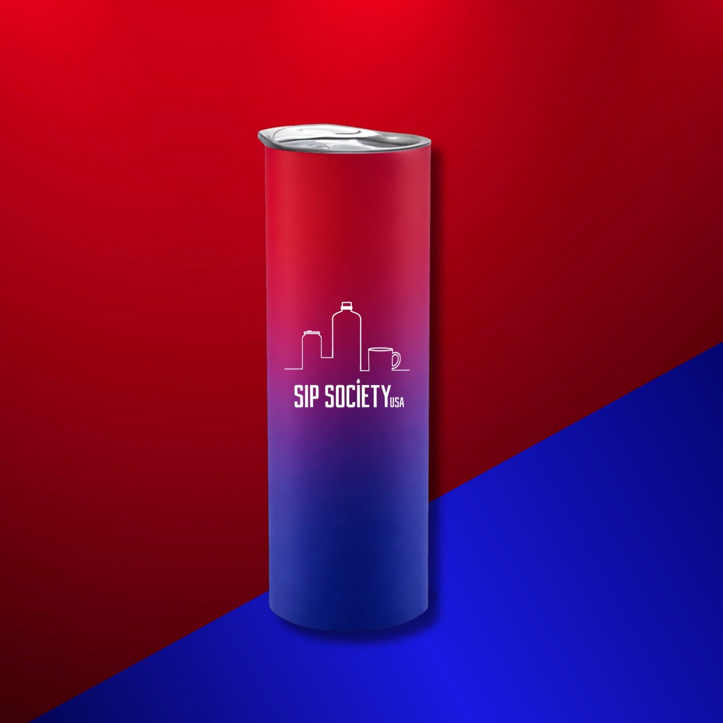 Sip Society USA Water Bottle – Sleek Gradient Reusable Bottle | Modern Red & Blue Design standing upright with city skyline and coffee cup logo on a red and blue background.