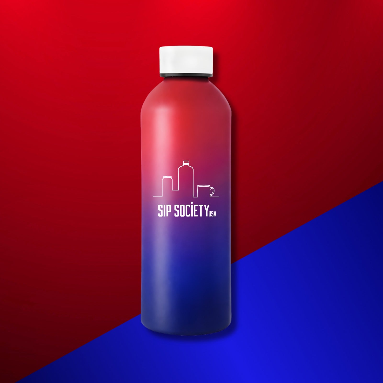 Sip Society USA Reusable Water Bottle – Stylish Red & Blue Gradient Hydration Bottle with Secure Cap featuring a sleek cityscape design and white cap on a matching red and blue background.