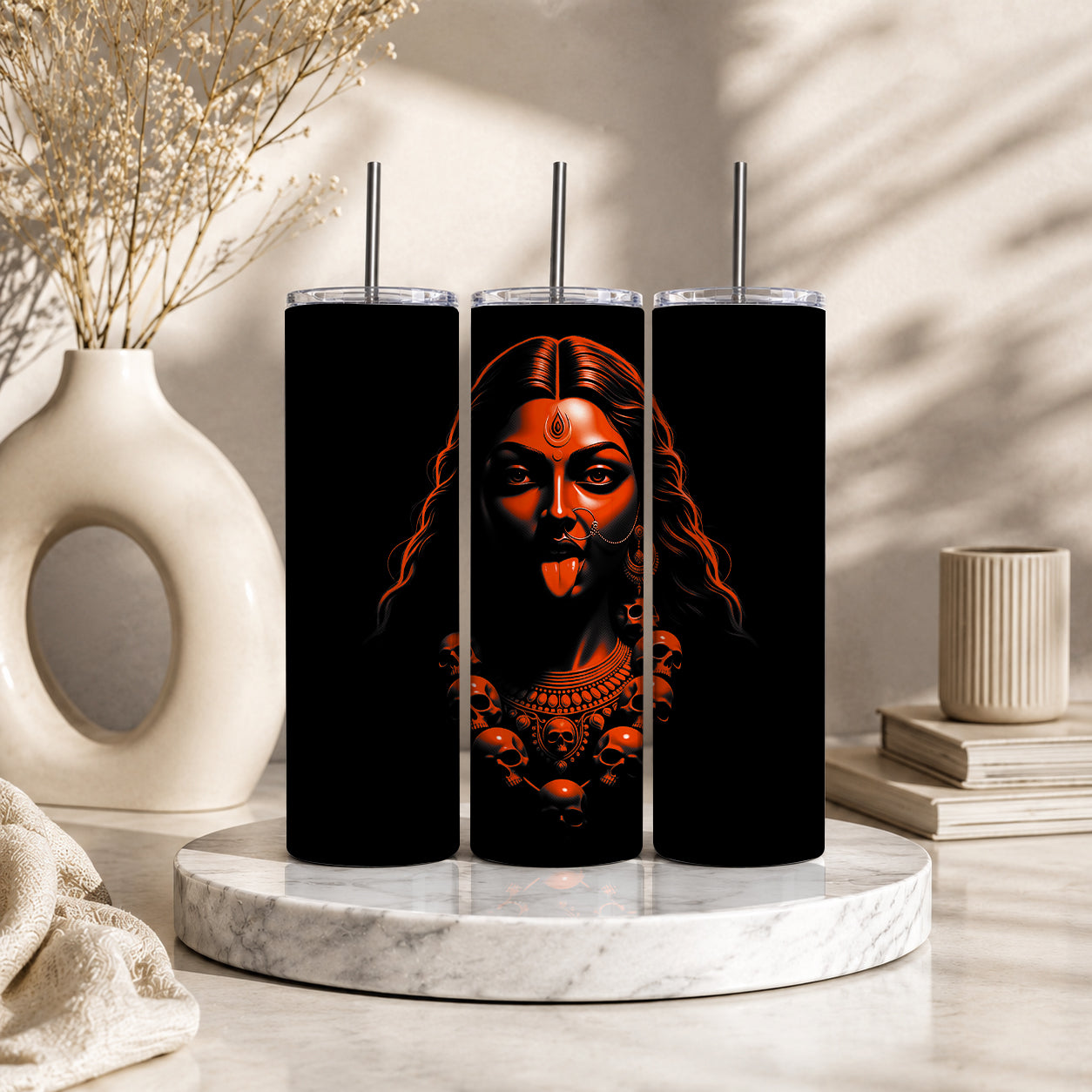 Goddess Kali 20oz Skinny Tumbler – Hindu Deity Spiritual Drinkware | Black & White Design