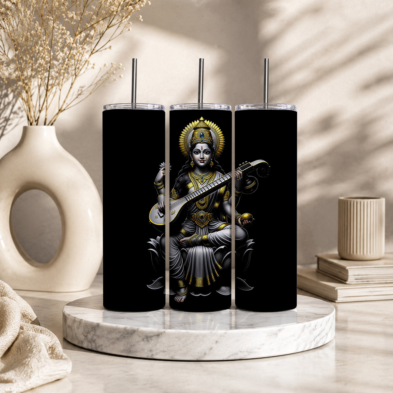 Goddess Saraswati 20oz Skinny Tumbler – Hindu Deity Wisdom & Knowledge Drinkware