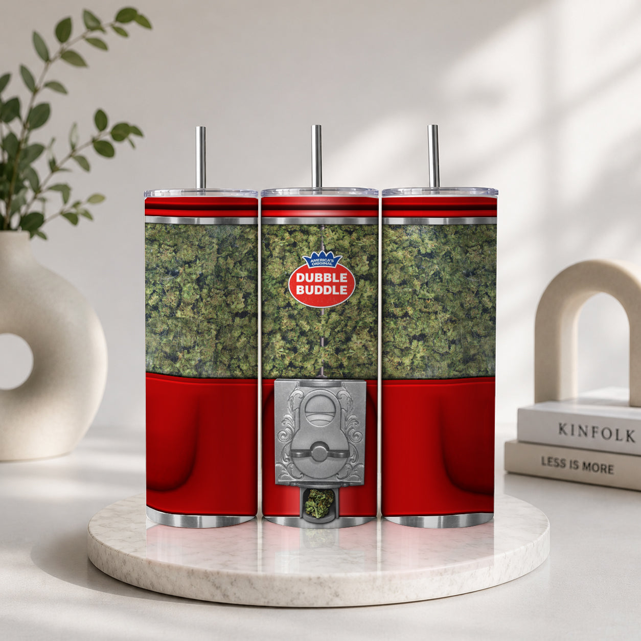 Three stainless steel tumblers designed to resemble a Retro Gumball Machine – Novelty Candy Dispenser Style Drinkware with red and silver accents and a Dubble Bubble logo.
