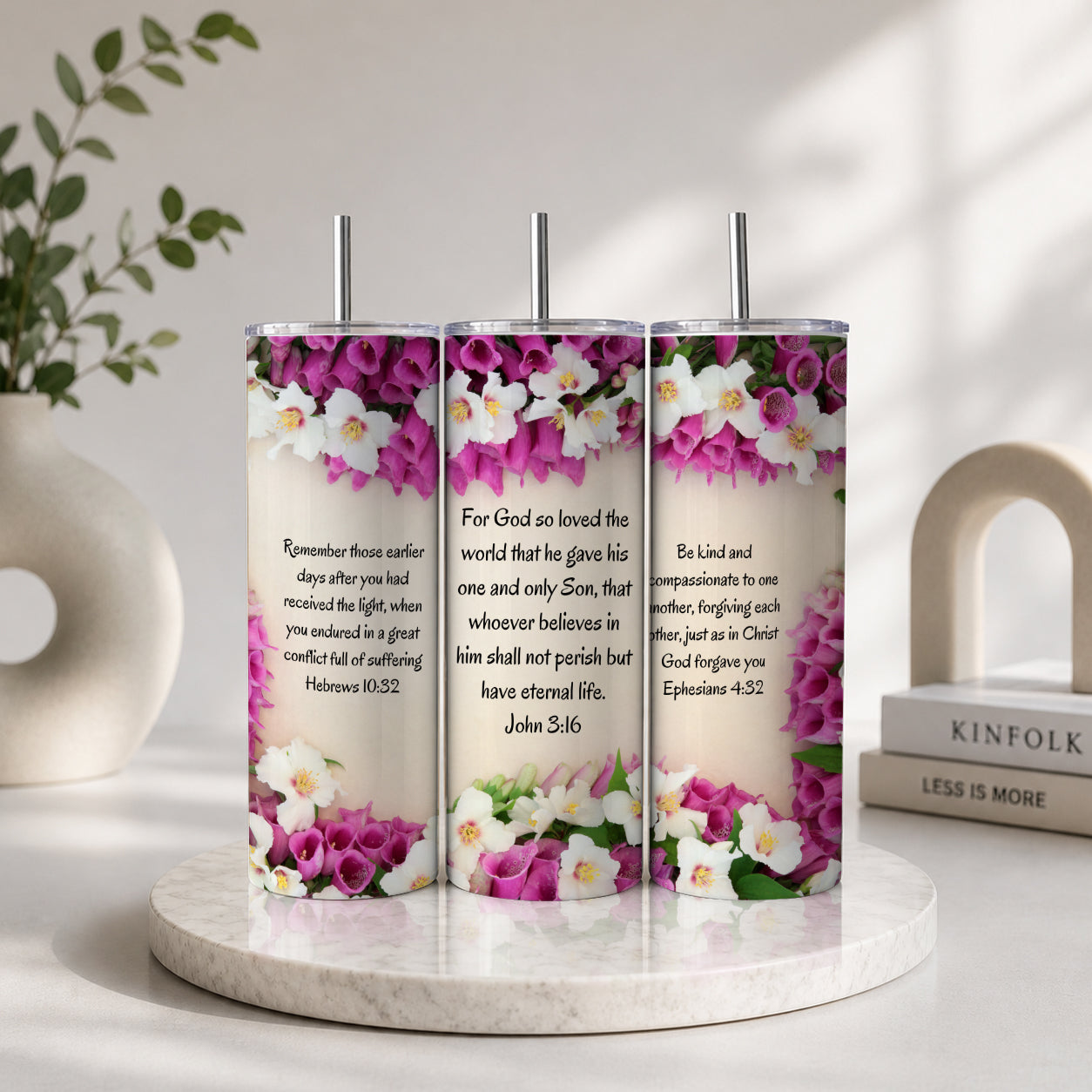 John 3:16 Bible Verse Floral Tumbler – Christian Faith Inspirational Drinkware featuring floral patterns and multiple Bible verses including John 3:16, presented as stainless steel tumblers with metal straws.