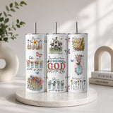 Set of three tall tumblers with floral Christian scripture designs and butterflies, showcasing inspirational Bible verses, part of Trusting God Christian Floral – Faith Inspirational Scripture Drinkware.