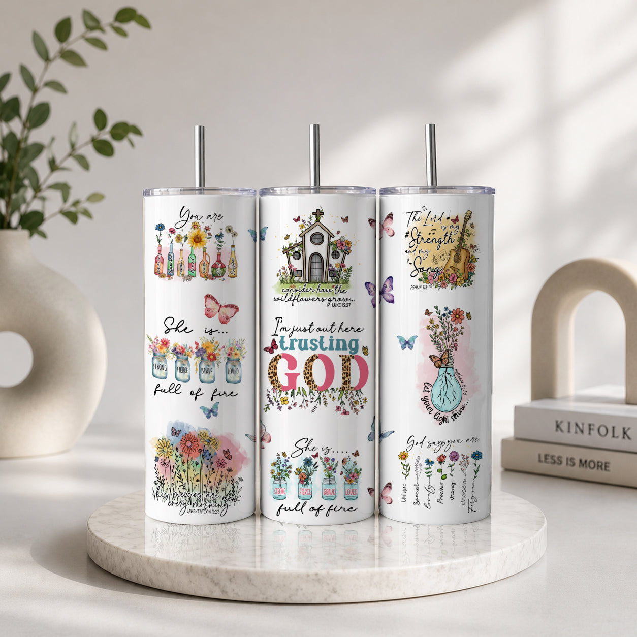 Set of three tall tumblers with floral Christian scripture designs and butterflies, showcasing inspirational Bible verses, part of Trusting God Christian Floral – Faith Inspirational Scripture Drinkware.