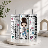Three tall tumblers with metal straws featuring a cute brunette nurse cartoon and positive words like compassionate, priceless, caring, and difference maker, designed as Cute Brunette Nurse Cartoon Tumbler – Nurse Life Coffee Lover Drinkware.