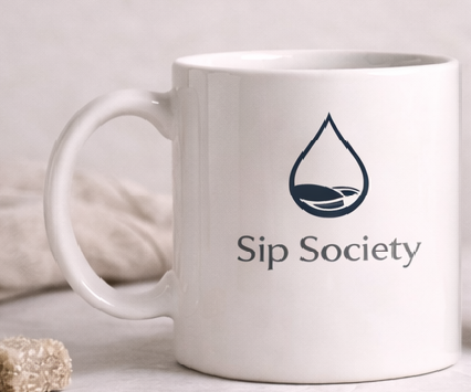 White ceramic Coffee Mug Sip Society Logo featuring a minimalist drop-shaped design with a leaf inside, ideal for coffee lovers and custom designs.