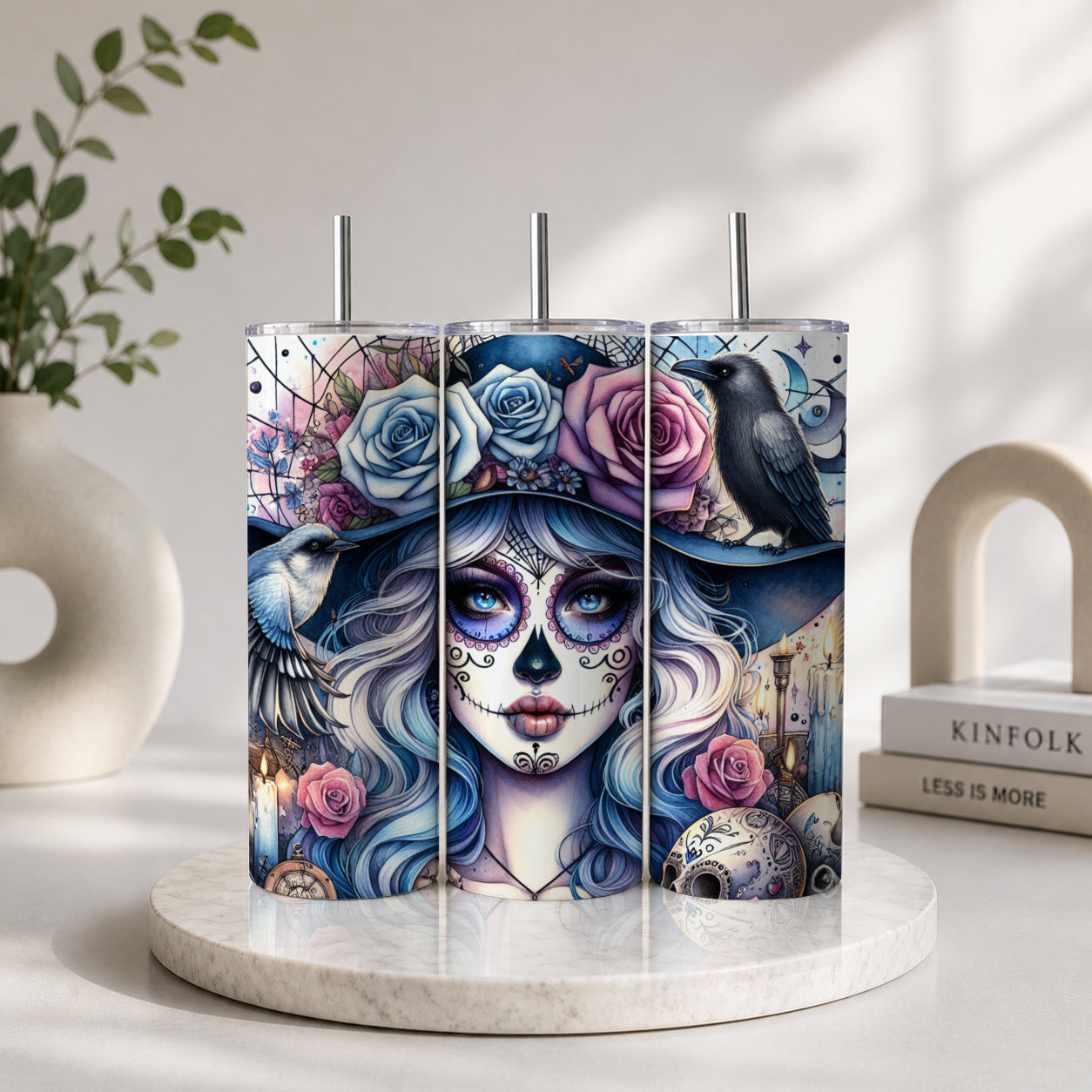 Three tumblers featuring a detailed gothic illustration of a woman with Day of the Dead sugar skull makeup, floral crown, and birds, showcasing the Day of the Dead Sugar Skull Woman – Floral Gothic Art Drinkware.