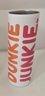 Dunkin Junkie 20oz Skinny Tumbler with bold orange and pink lettering on a white background, designed for stylish and portable drink storage.