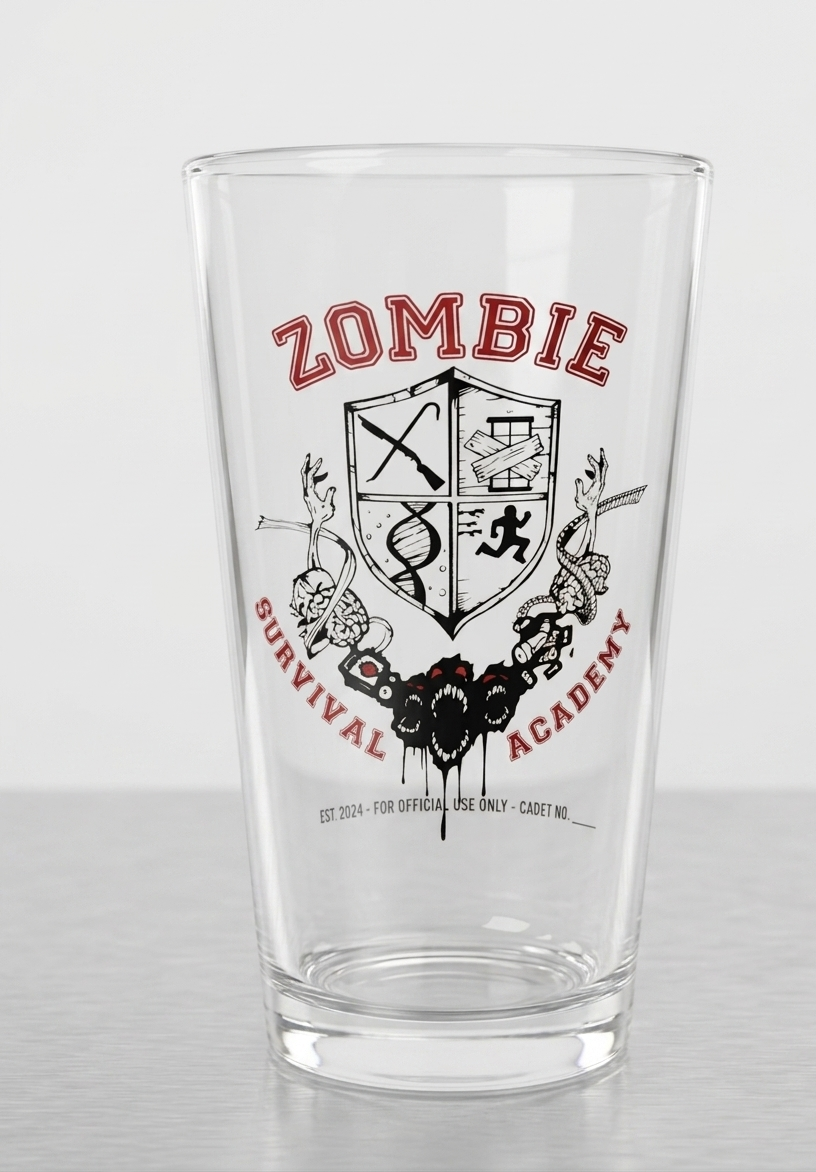 Clear pint glass featuring a detailed Zombie Survival Academy Logo design with a shield, crossed tools, DNA strand, running figure, and skeletal arms, customized for the Zombie Survival Academy Logo Pint Glass – Post-Apocalyptic Barware.