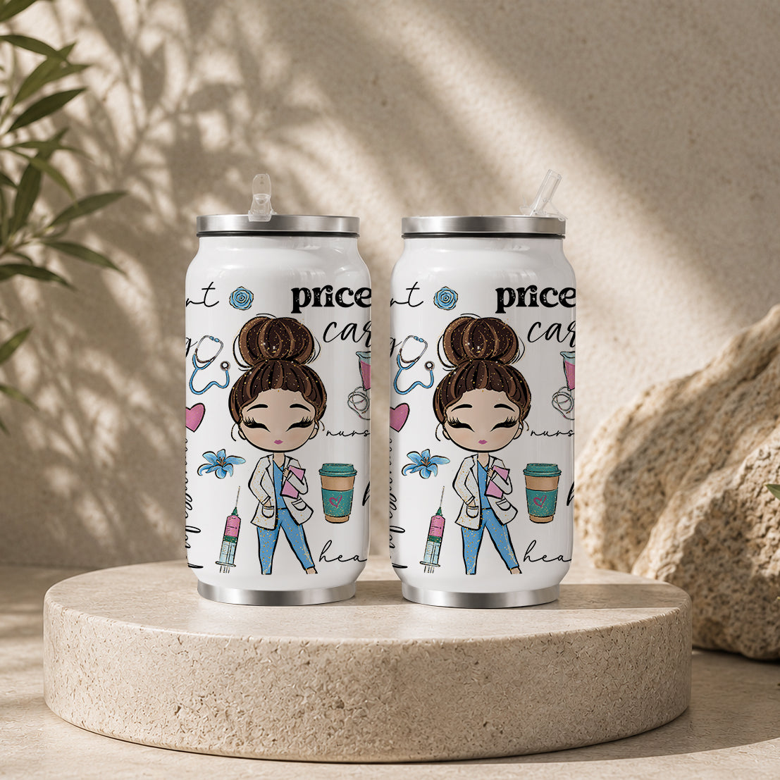 Cute Brunette Nurse Cartoon Tumbler – Nurse Life Coffee Lover Drinkware featuring a smiling nurse with her hair in a bun, surrounded by medical and coffee-themed doodles on a white tumbler with silver lid and straw.