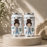 Cute Brunette Nurse Cartoon Tumbler – Nurse Life Coffee Lover Drinkware featuring a smiling nurse with her hair in a bun, surrounded by medical and coffee-themed doodles on a white tumbler with silver lid and straw.