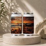 Two stainless steel tumblers featuring a vibrant sunset beach scene with Adirondack chairs by the ocean waves, showcasing the Beach Sunset Adirondack Chair Tumbler – Ocean Waves Coastal Scenic Drinkware.