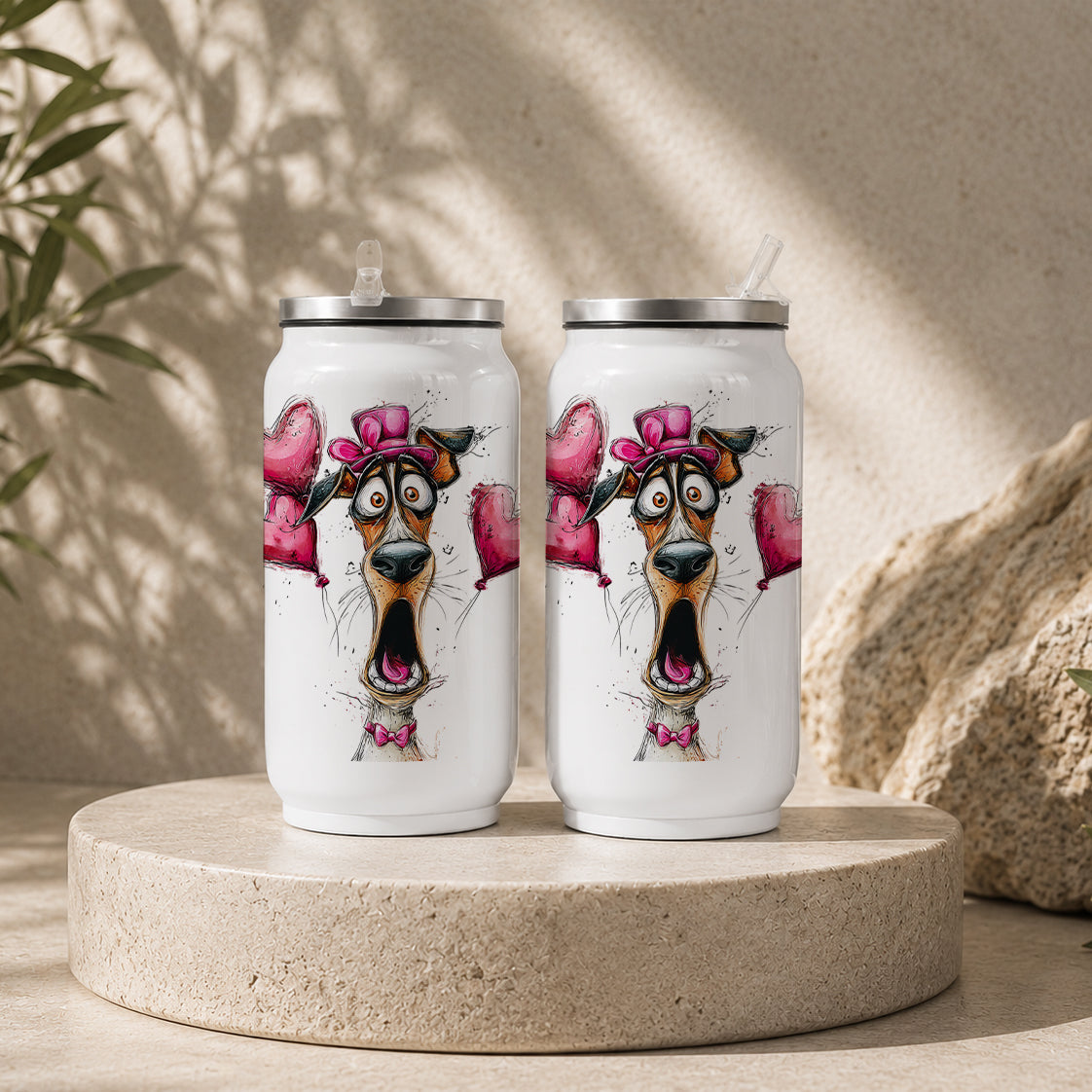 Two white tumblers featuring a surprised cartoon dog wearing a pink hat and bow tie, surrounded by pink heart balloons, labeled Funny Dog with Pink Hat & Heart Tumbler – Cute Cartoon Valentine Drinkware.