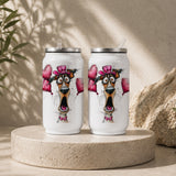 Two white tumblers featuring a surprised cartoon dog wearing a pink hat and bow tie, surrounded by pink heart balloons, labeled Funny Dog with Pink Hat & Heart Tumbler – Cute Cartoon Valentine Drinkware.