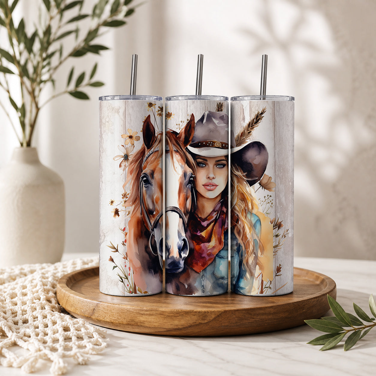 Western Horse &amp; Cowboy Watercolor Tumbler Set — Sip Society USA
