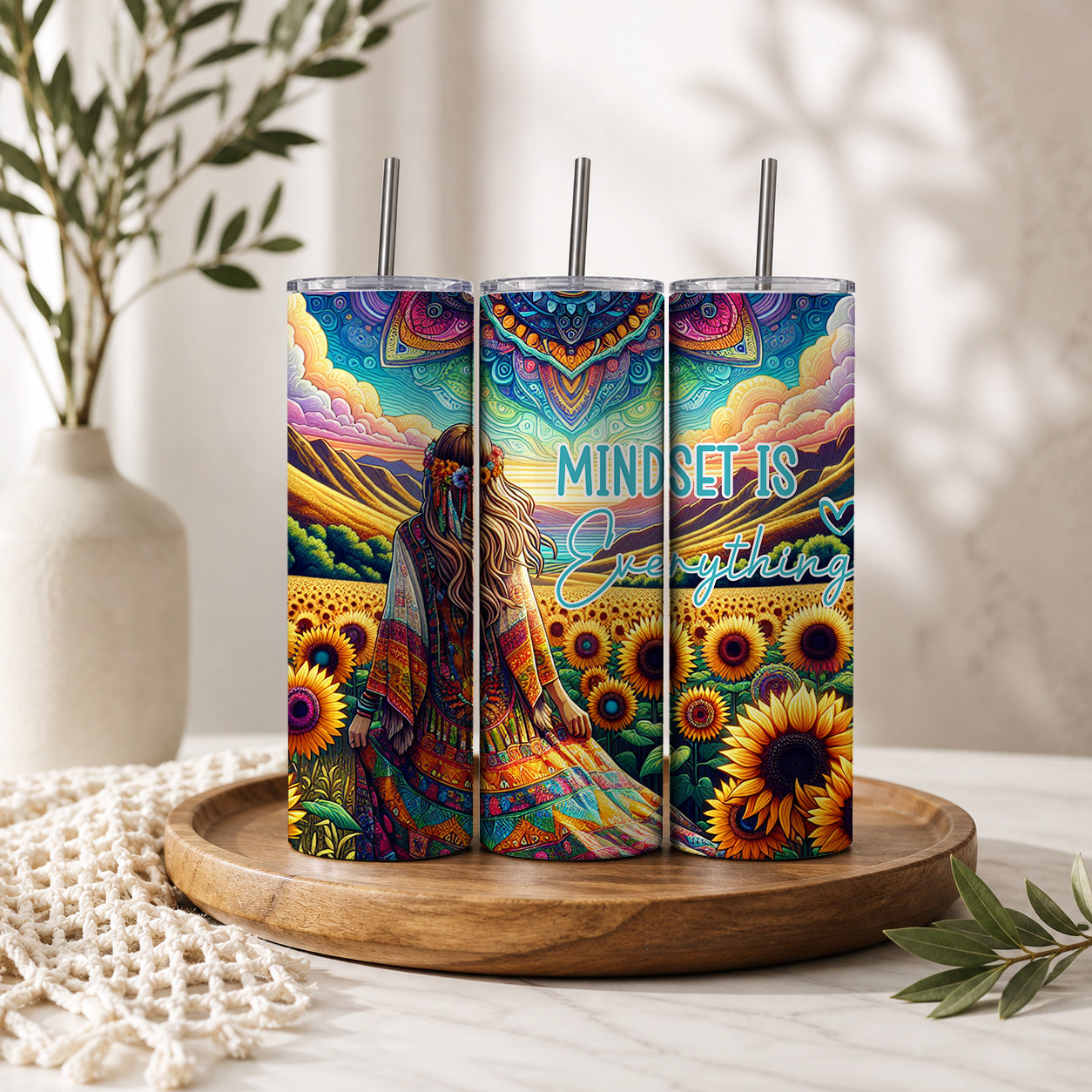 Mindset Is Everything” Boho Sunflower Tumbler — Sip Society USA