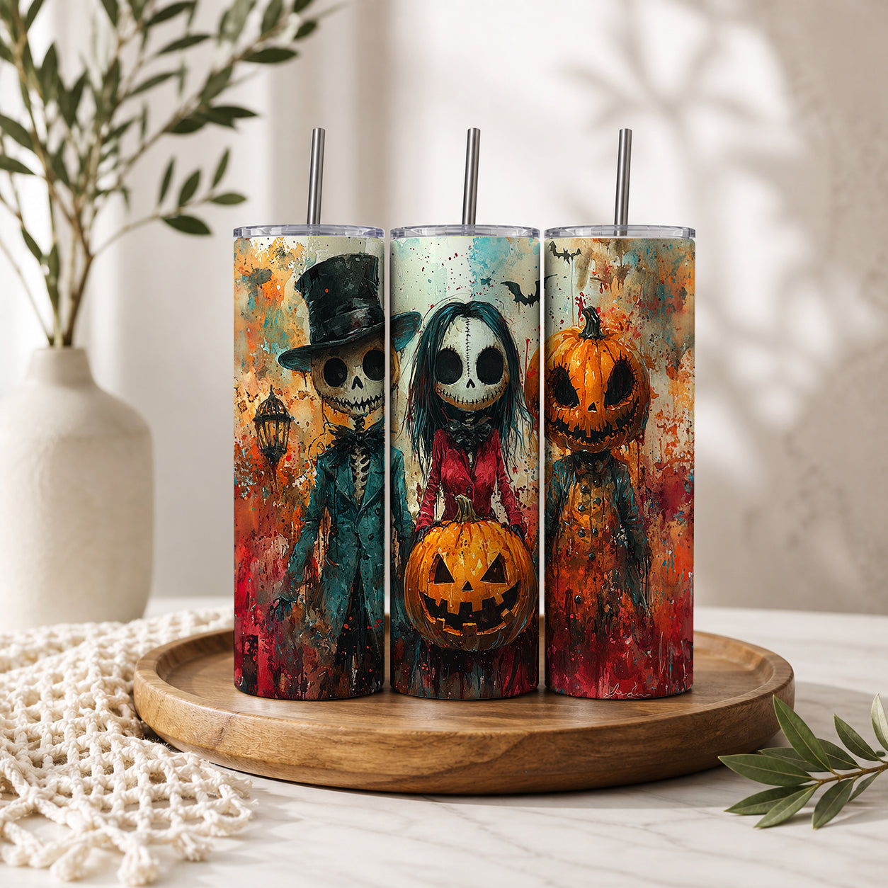 Halloween Skeleton Couple & Pumpkin 20oz Skinny Tumbler – Spooky Gothic Art Drinkware