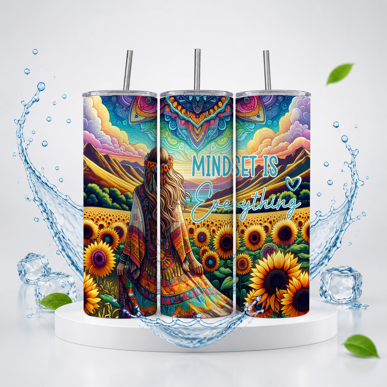 Mindset Is Everything 20oz Skinny Tumbler – Boho Sunflower Mandala Motivational Drinkware