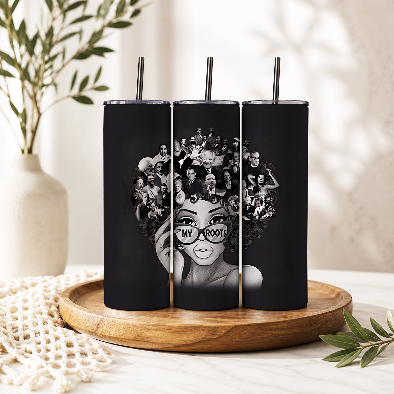 My Roots 20oz Skinny Tumbler – Black & White Black Culture Heritage Drinkware