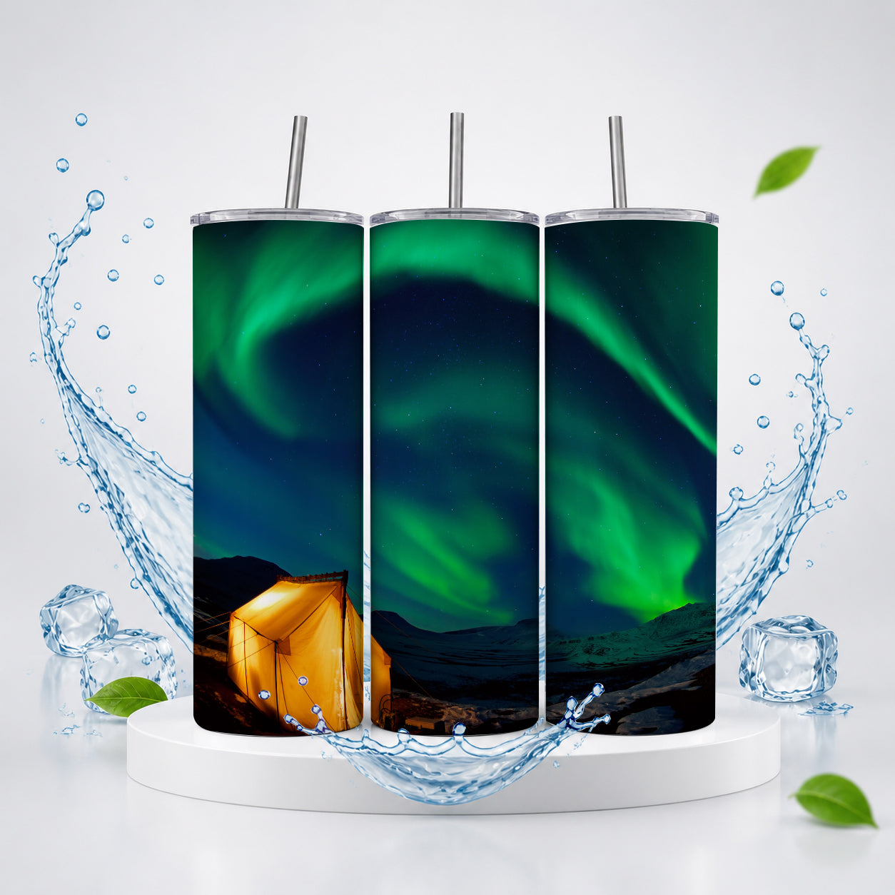 Northern Lights Aurora Borealis Camping 20oz Skinny Tumbler – Night Sky Scenic Drinkware