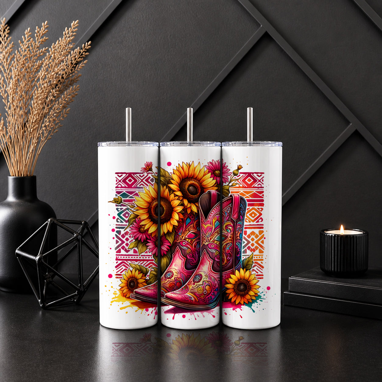 Pink Cowboy Boots Sunflower 20oz Skinny Tumbler Vol. 2 – Western Boho Floral Drinkware