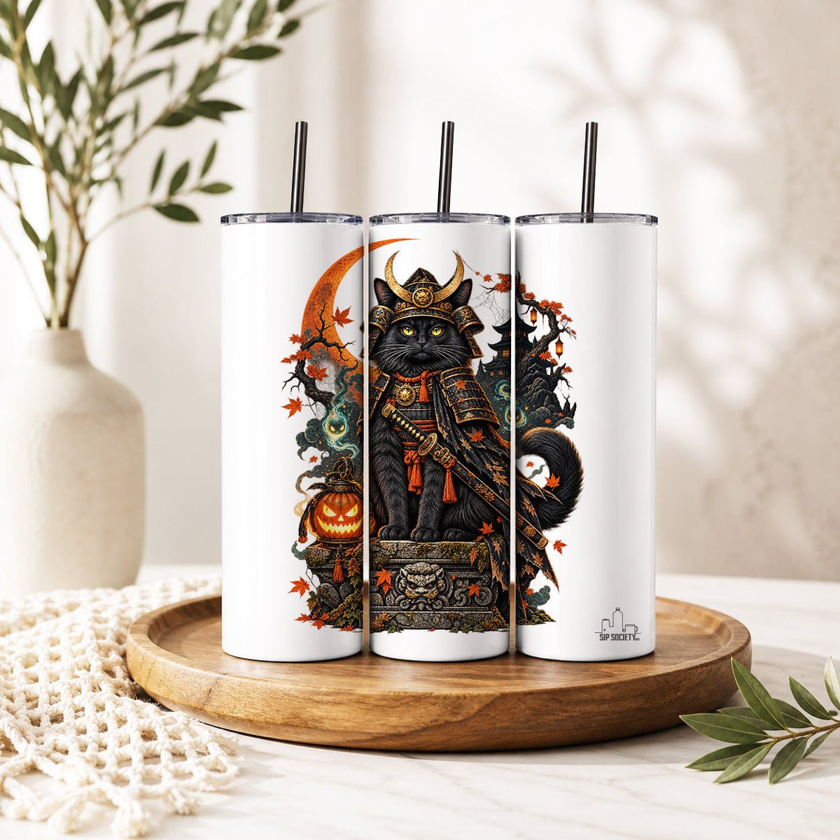 Gothic Samurai Cat Ramen Blood Moon Tumbler - Sip Society USA LLC