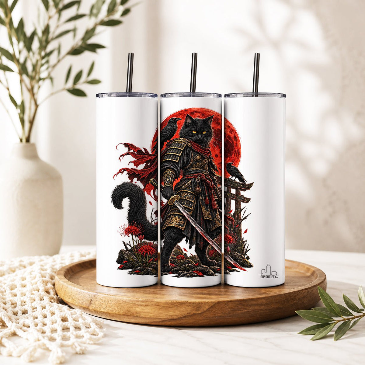Gothic Samurai Cat Blood Moon Warrior Tumbler - Sip Society USA LLC