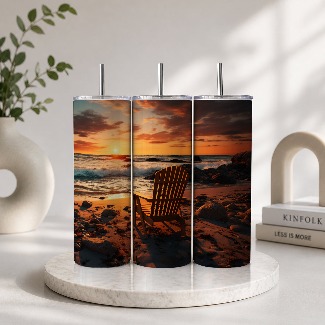 Beach Sunset Adirondack Chair 20oz Skinny Tumbler – Coastal Ocean Scenic Drinkware