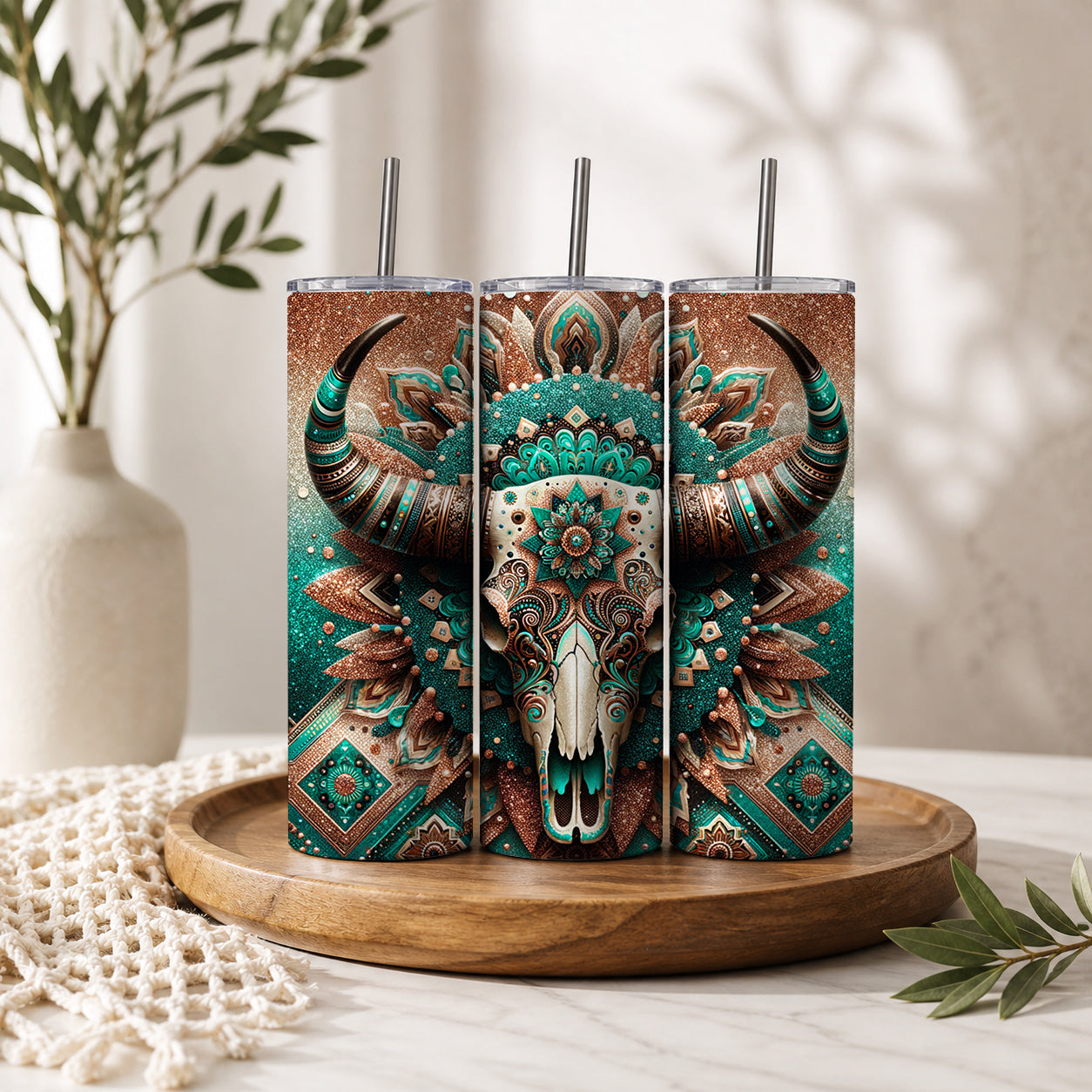 Turquoise & Bronze Bull Skull Mandala 20oz Skinny Tumbler – Western Boho Glitter Drinkware