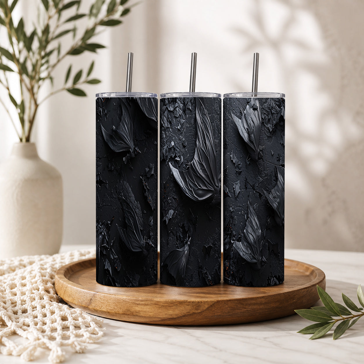 Gothic Black Embossed Floral Tumbler