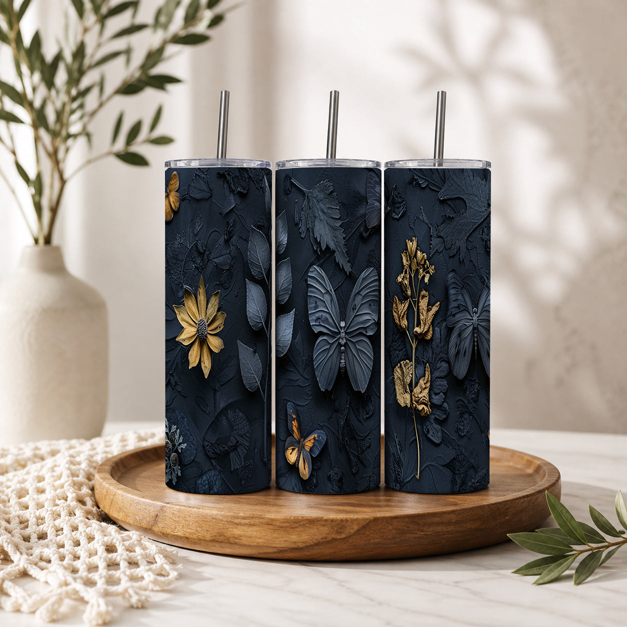 Gothic Gold Butterfly Botanical Tumbler