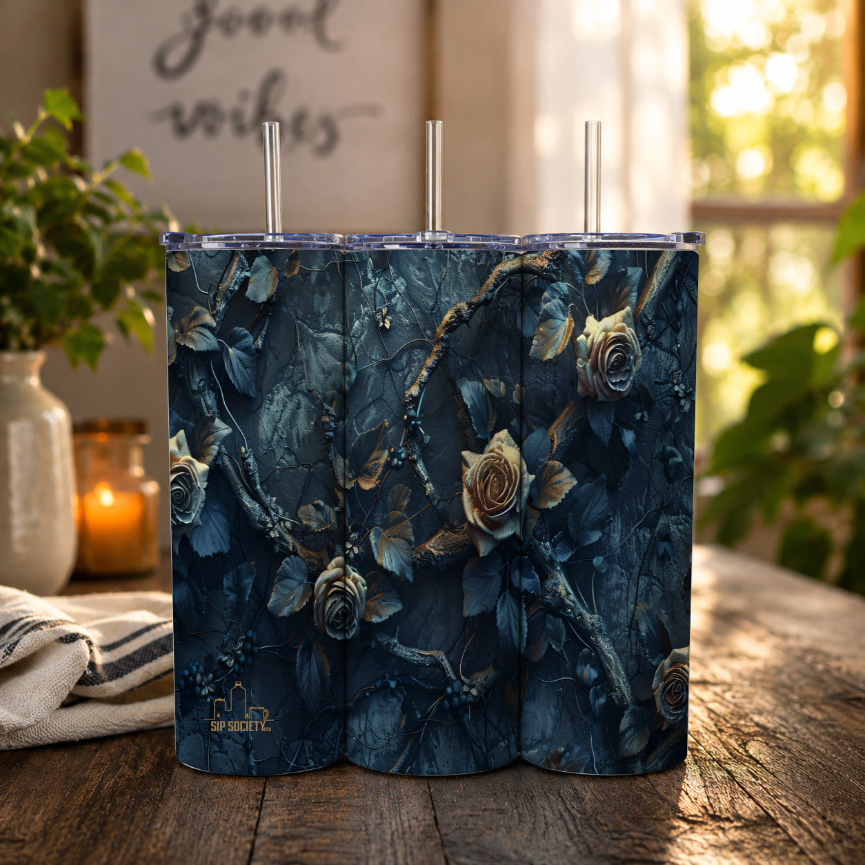 Gothic Navy Embossed Rose Botanical Tumbler
