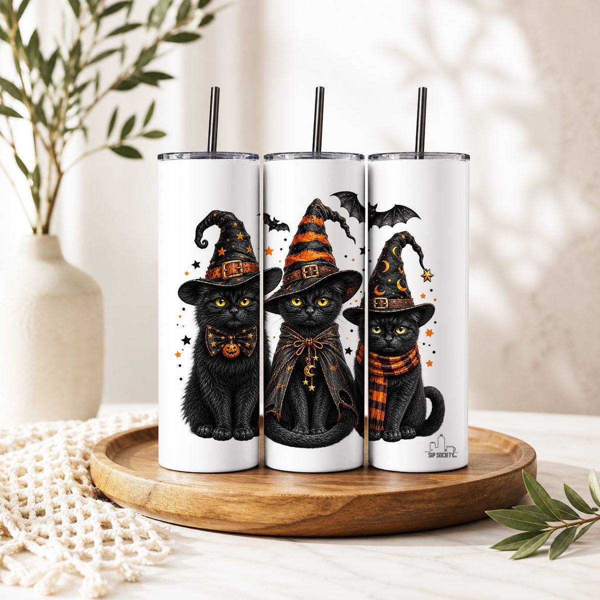 Gothic Three Black Cats Witch Hat Tumbler - Sip Society USA LLC
