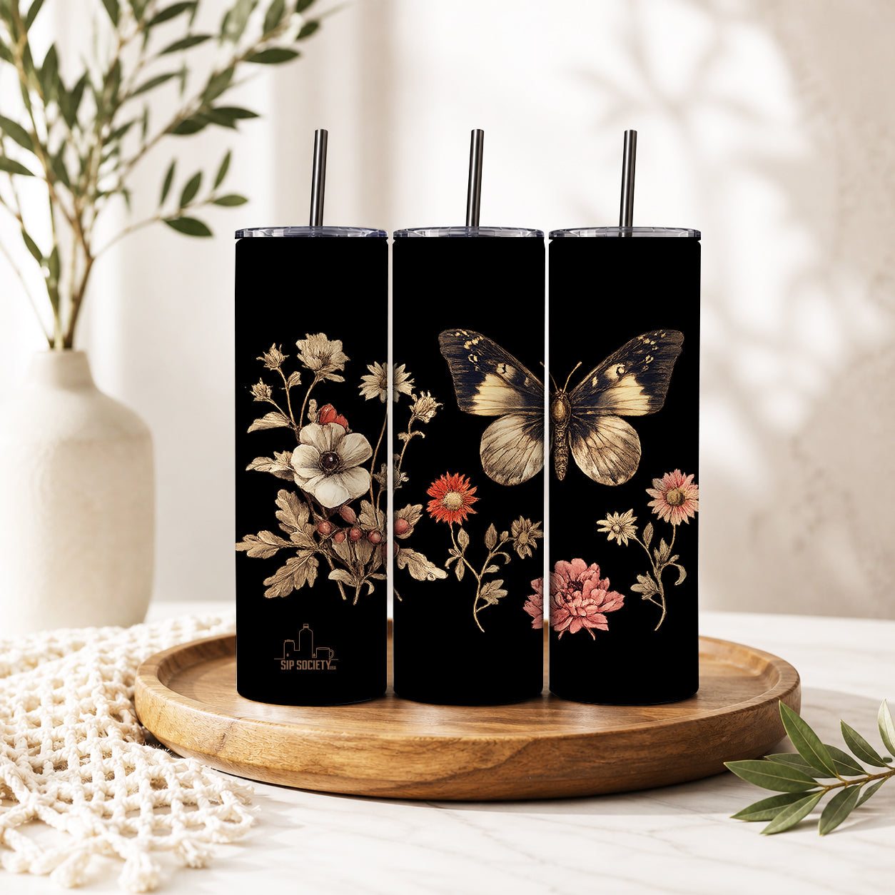 Gothic Vintage Butterfly Botanical Tumbler