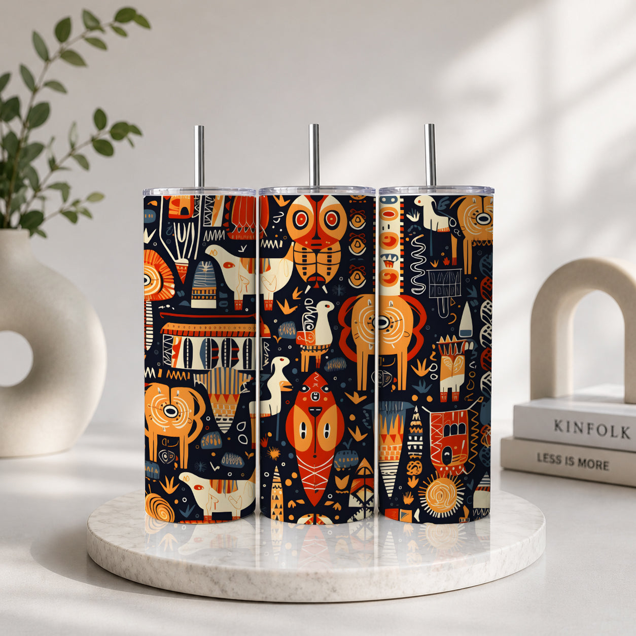 Three stainless steel tumblers with vibrant tribal Aztec animal patterns in orange, white, and black, styled as Tribal Aztec Animal Pattern Tumbler – Boho Folk Art Style Drinkware.