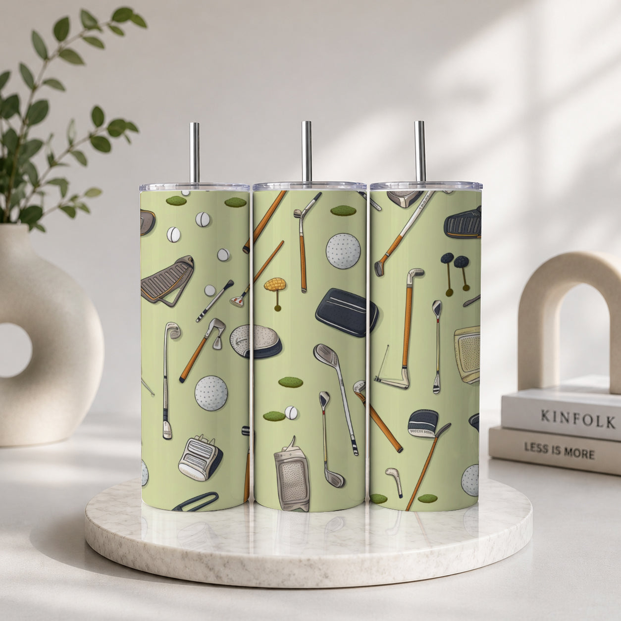 Set of three stainless steel Golf Equipment Pattern Tumbler – Golf Lover Sports Theme Drinkware with green background and golf-themed illustrations including clubs, balls, tees, and gloves.