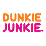 Bold orange and pink typography reading "DUNKIE JUNKIE" with a small heart icon, design for the Dunkin Junkie 20oz Skinny Tumbler.
