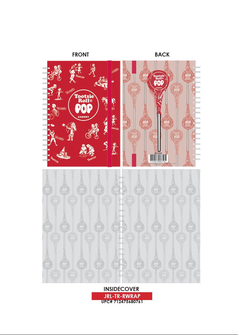 Tootsie Roll A5 120 page Journal with a red front cover featuring vintage-style illustrations and a back cover with a large Tootsie Roll Pop design, spiral-bound.